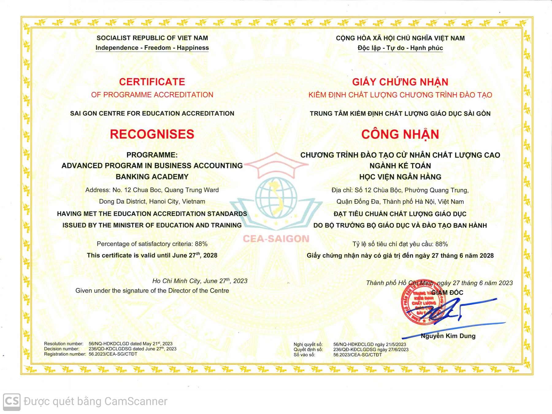 Giấy chứng nhận Kiểm định chất lượng CTĐT Cử nhân Chất lượng cao ngành Kế toán